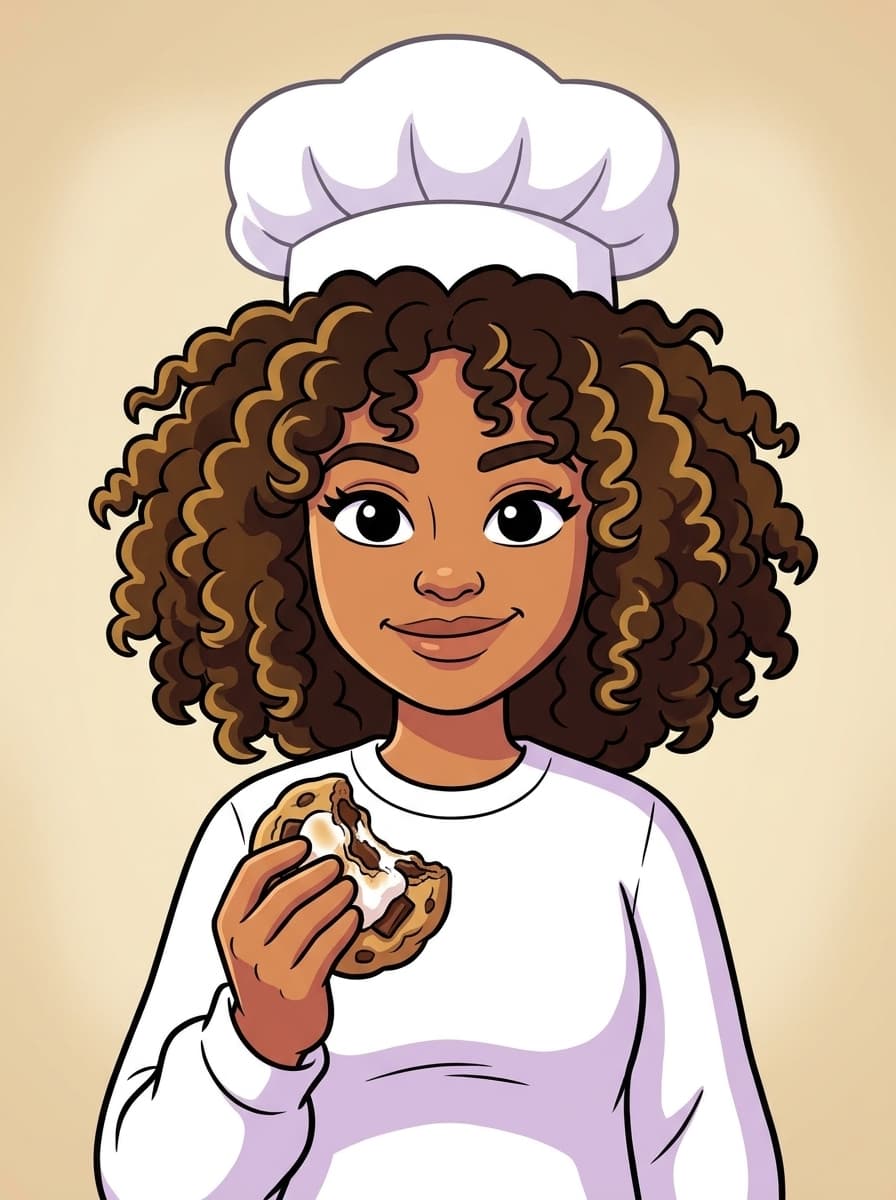 ZeeZee, the baker, holding a cookie