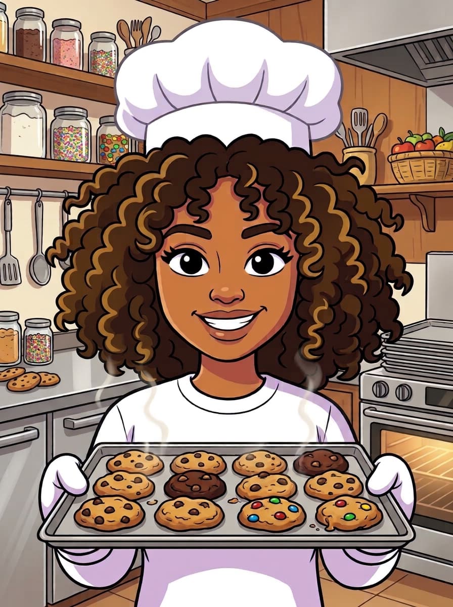 ZeeZee holding a tray of freshly baked cookies