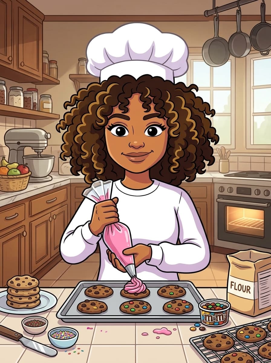 ZeeZee piping frosting onto a tray of cookies